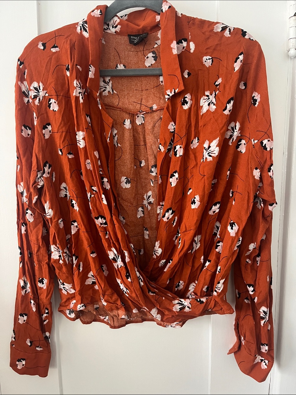 free press Rust Floral Wrap Blouse with White and Black Accents